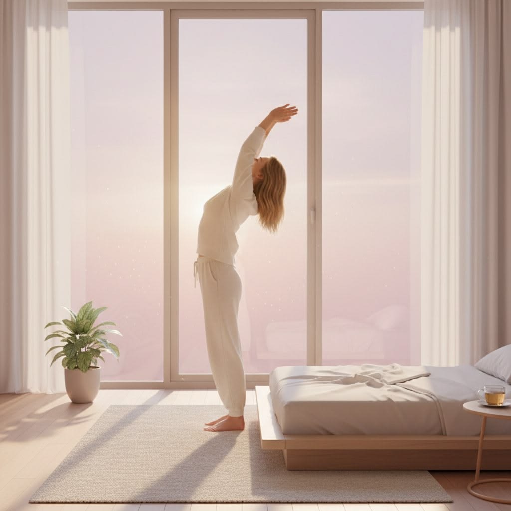 Person performing a gentle morning posture stretch beside a bright window
