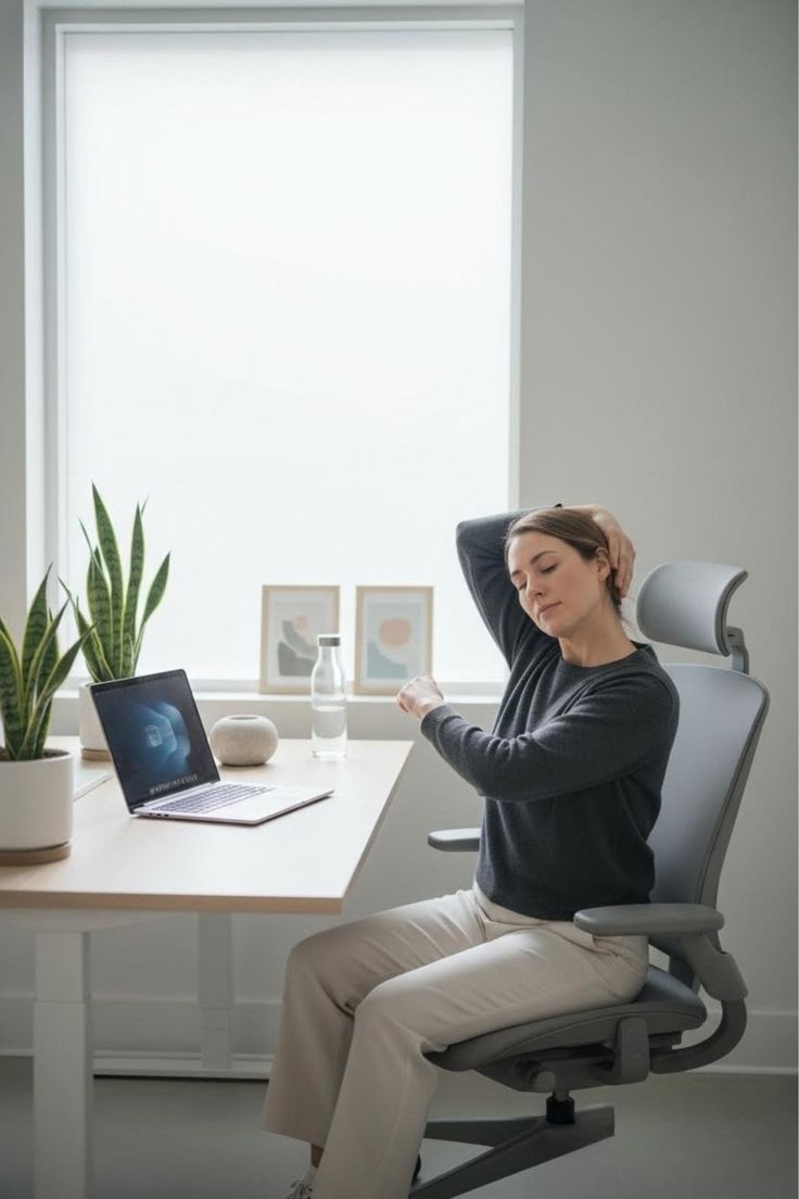 Illustration of shoulder mobility refresh exercises performed in an office environment